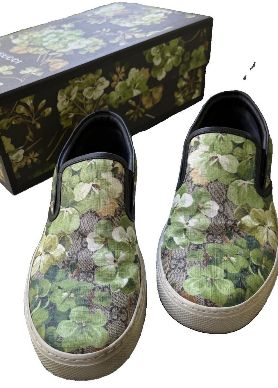 Gucci 407362 GG Supreme Blooms Green Slip On Sneakers Shoes Men 9G Fit US 10 Box